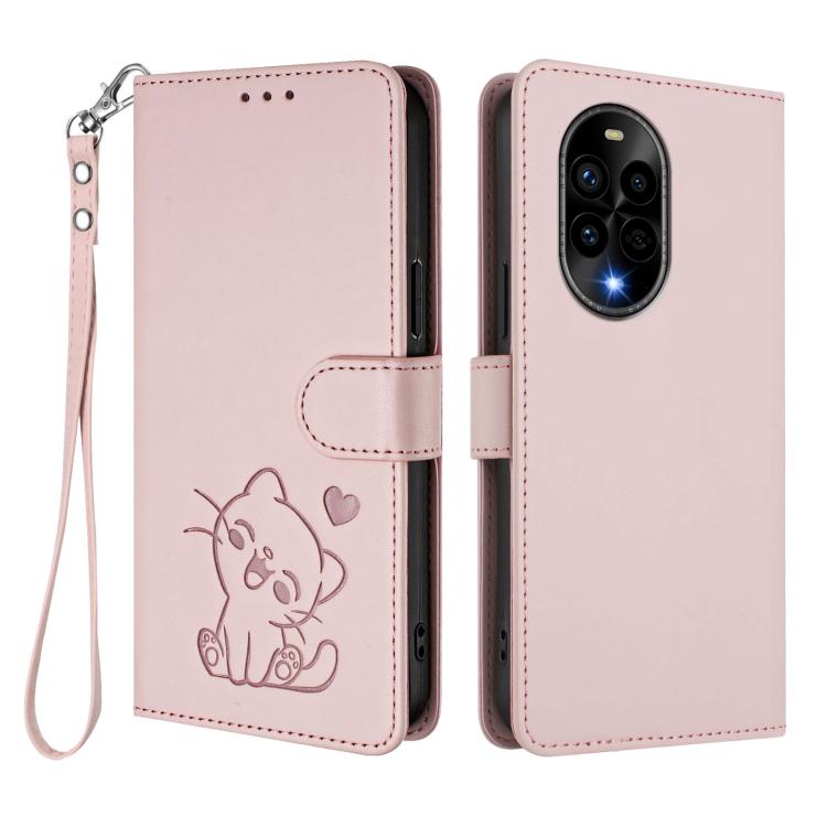 For Huawei nova 13 Pro Embossed Heart Cat Leather Phone Case with Hand Strap