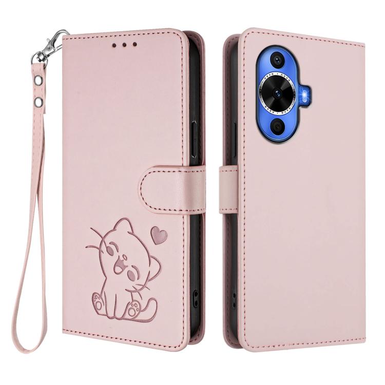 For Huawei nova 12s / nova 12 Lite / nova 11 Embossed Heart Cat Leather Phone Case with Hand Strap