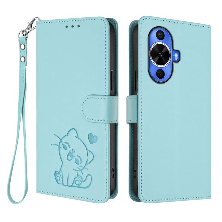 For Huawei nova 12s / nova 12 Lite / nova 11 Embossed Heart Cat Leather Phone Case with Hand Strap