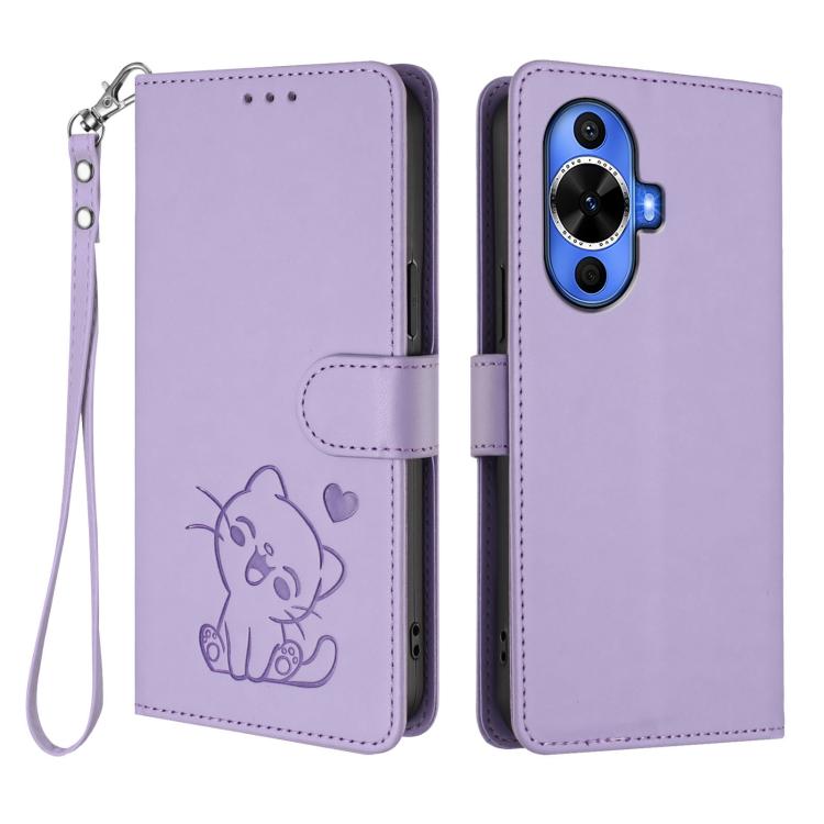 For Huawei nova 12s / nova 12 Lite / nova 11 Embossed Heart Cat Leather Phone Case with Hand Strap