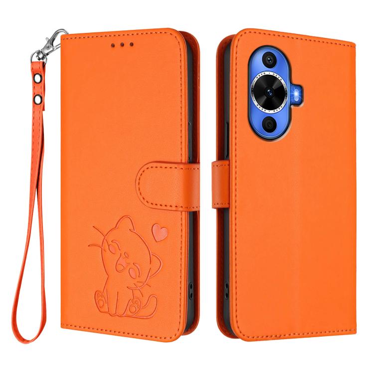 For Huawei nova 12s / nova 12 Lite / nova 11 Embossed Heart Cat Leather Phone Case with Hand Strap