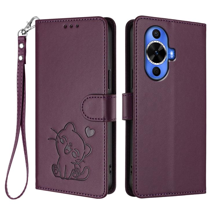 For Huawei nova 12s / nova 12 Lite / nova 11 Embossed Heart Cat Leather Phone Case with Hand Strap