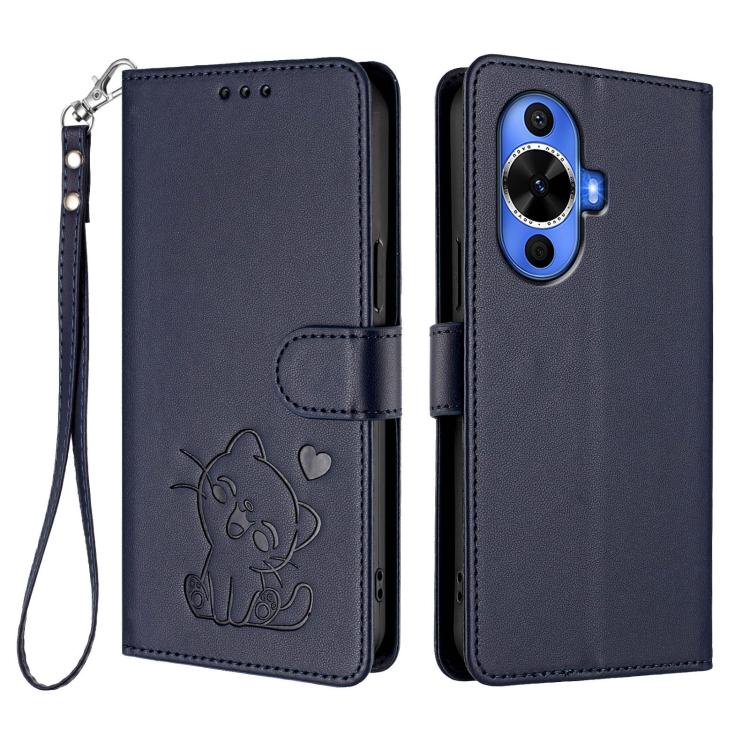 For Huawei nova 12s / nova 12 Lite / nova 11 Embossed Heart Cat Leather Phone Case with Hand Strap