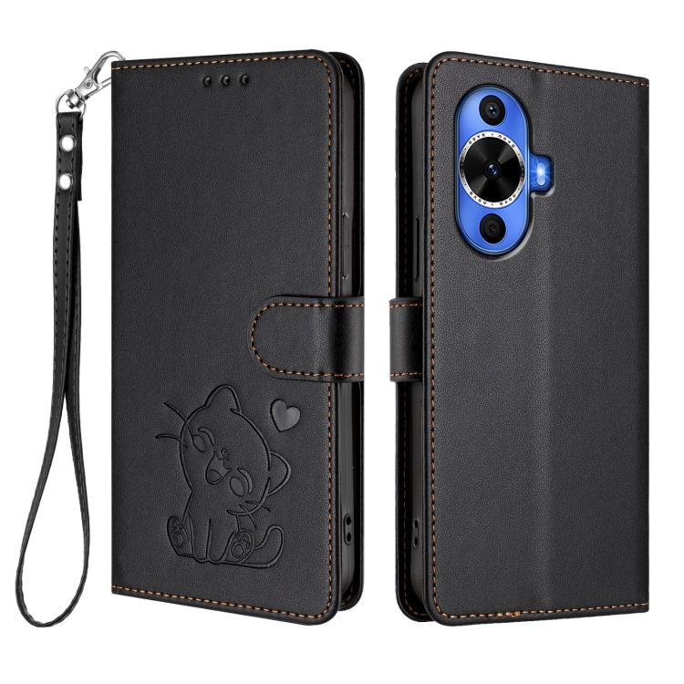 For Huawei nova 12s / nova 12 Lite / nova 11 Embossed Heart Cat Leather Phone Case with Hand Strap