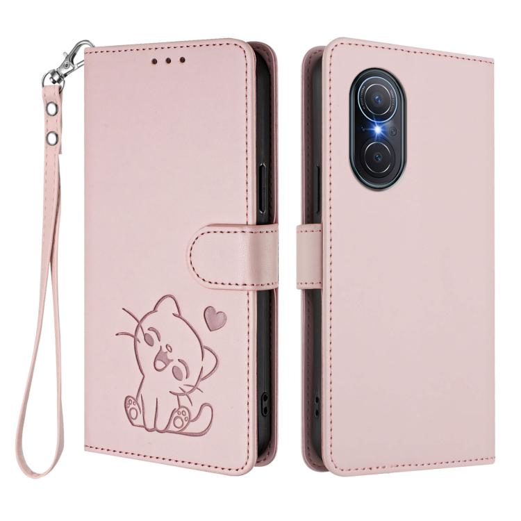 For Huawei nova 9 SE Embossed Heart Cat Leather Phone Case with Hand Strap