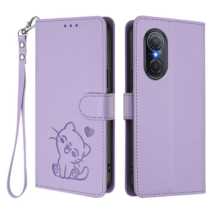 For Huawei nova 9 SE Embossed Heart Cat Leather Phone Case with Hand Strap
