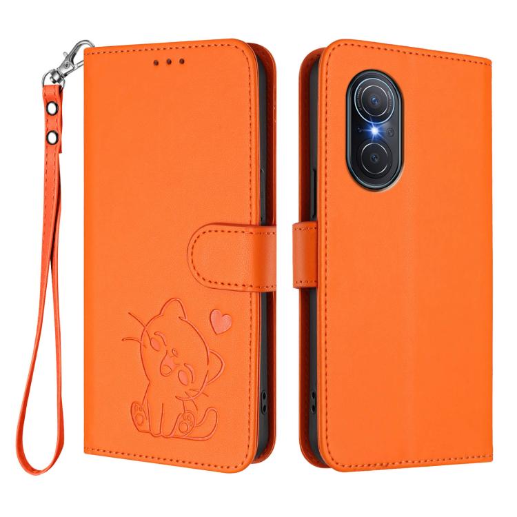 For Huawei nova 9 SE Embossed Heart Cat Leather Phone Case with Hand Strap