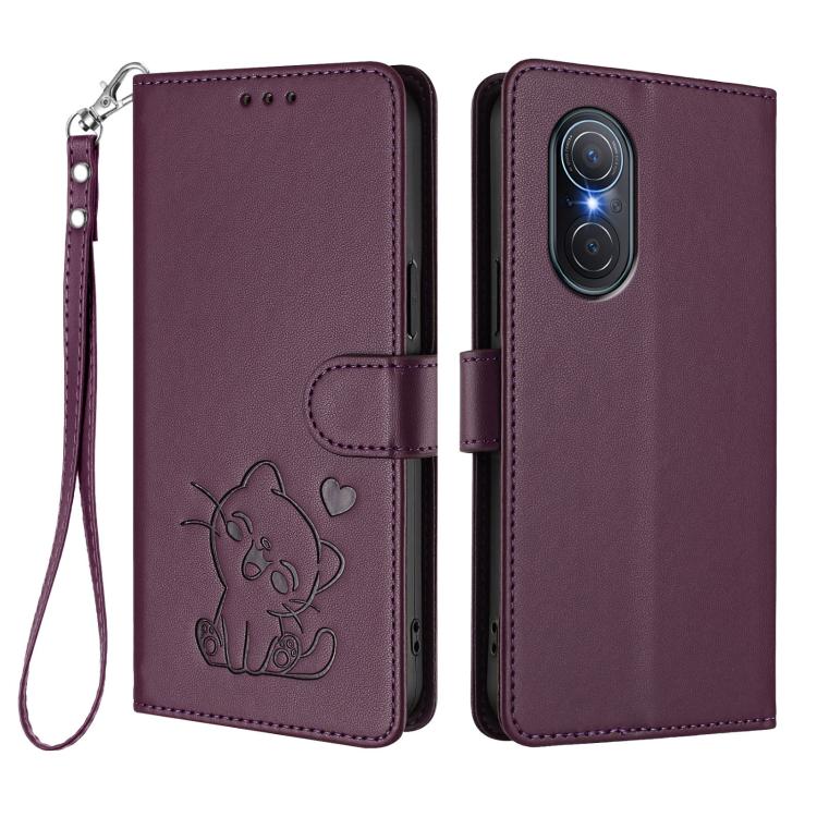 For Huawei nova 9 SE Embossed Heart Cat Leather Phone Case with Hand Strap