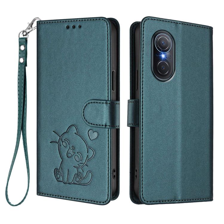 For Huawei nova 9 SE Embossed Heart Cat Leather Phone Case with Hand Strap