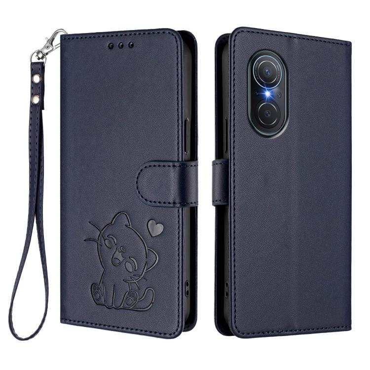 For Huawei nova 9 SE Embossed Heart Cat Leather Phone Case with Hand Strap