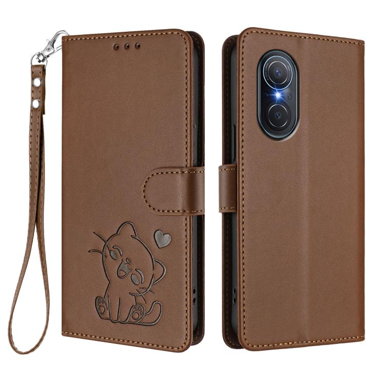For Huawei nova 9 SE Embossed Heart Cat Leather Phone Case with Hand Strap