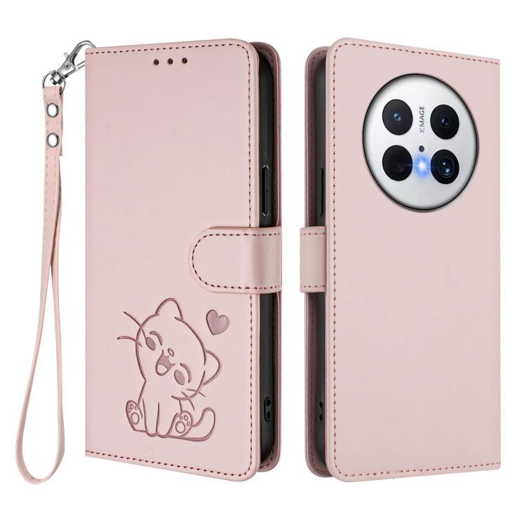 For Huawei Mate 70 Pro Embossed Heart Cat Leather Phone Case with Hand Strap