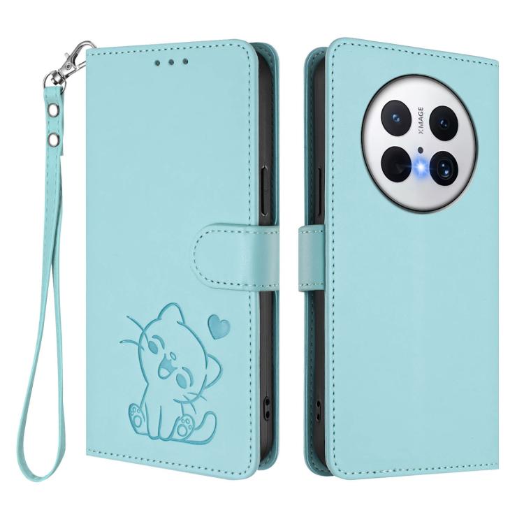 For Huawei Mate 70 Pro Embossed Heart Cat Leather Phone Case with Hand Strap