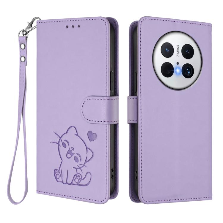 For Huawei Mate 70 Pro Embossed Heart Cat Leather Phone Case with Hand Strap