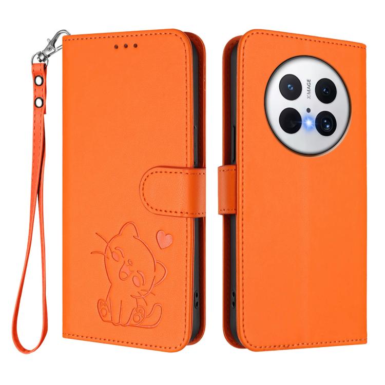 For Huawei Mate 70 Pro Embossed Heart Cat Leather Phone Case with Hand Strap