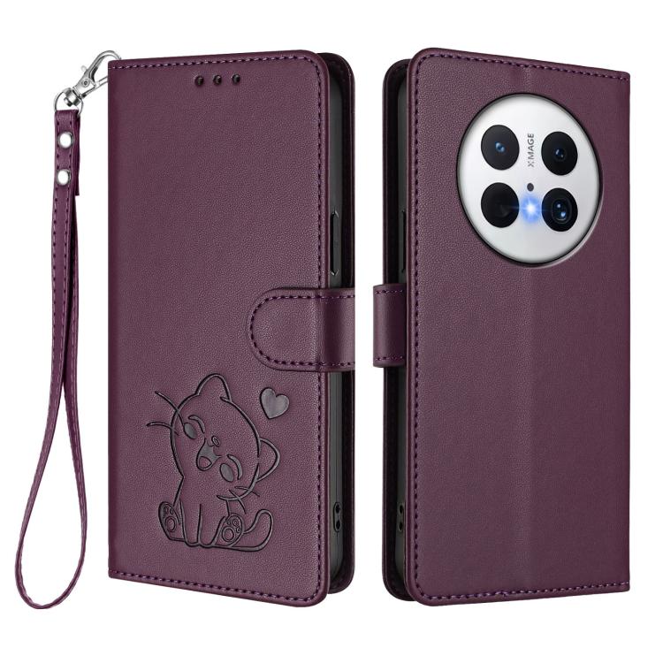 For Huawei Mate 70 Pro Embossed Heart Cat Leather Phone Case with Hand Strap