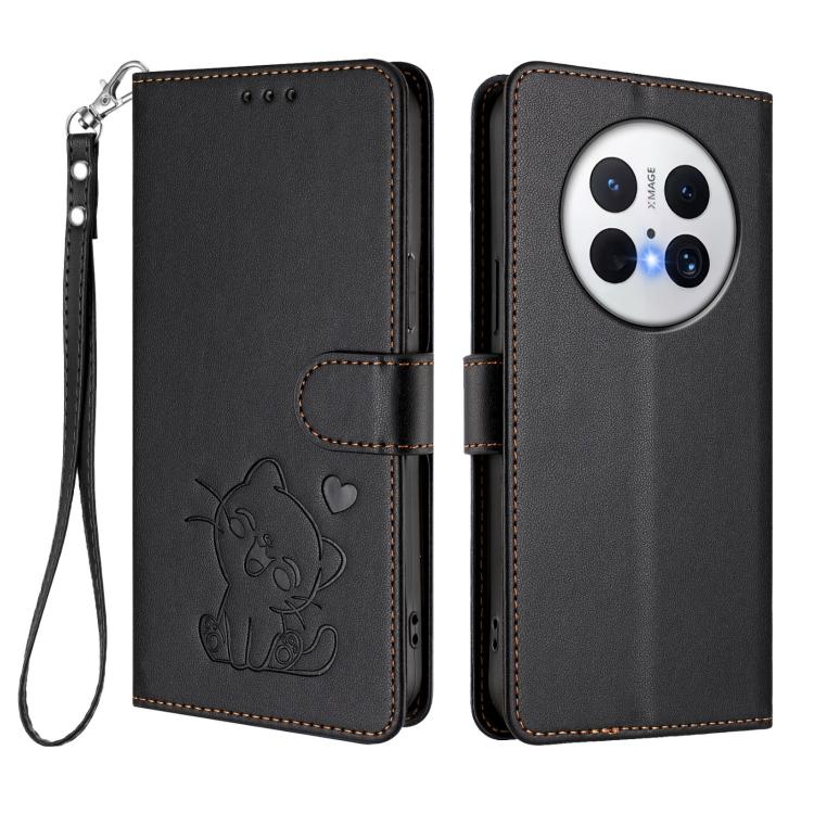 For Huawei Mate 70 Pro Embossed Heart Cat Leather Phone Case with Hand Strap