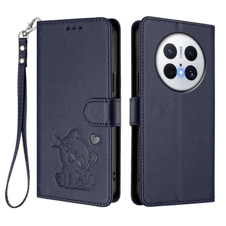 For Huawei Mate 70 Embossed Heart Cat Leather Phone Case with Hand Strap