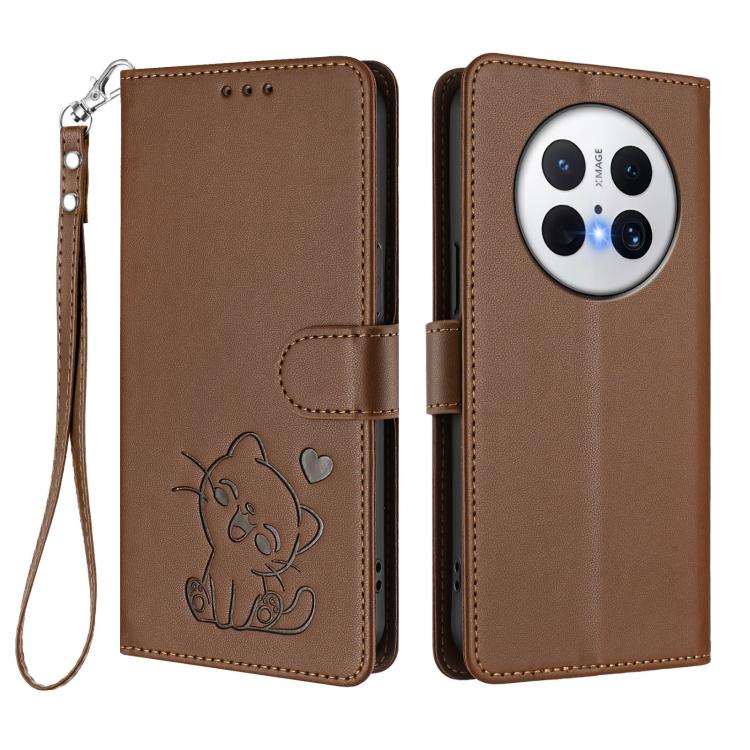 For Huawei Mate 70 Embossed Heart Cat Leather Phone Case with Hand Strap