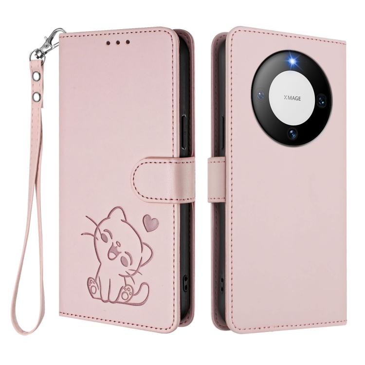 For Huawei Mate 60 Pro / Mate 60 Pro+ Embossed Heart Cat Leather Phone Case with Hand Strap