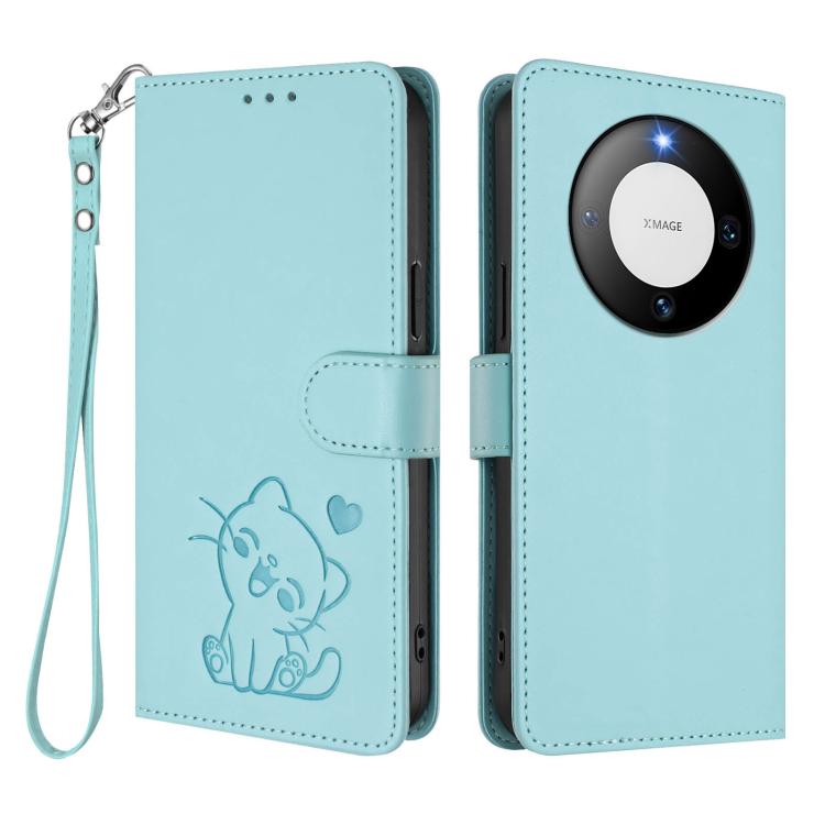 For Huawei Mate 60 Pro / Mate 60 Pro+ Embossed Heart Cat Leather Phone Case with Hand Strap