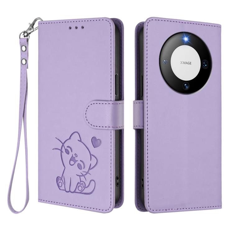 For Huawei Mate 60 Pro / Mate 60 Pro+ Embossed Heart Cat Leather Phone Case with Hand Strap