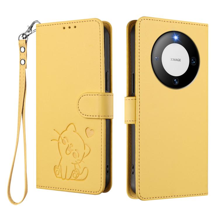 For Huawei Mate 60 Pro / Mate 60 Pro+ Embossed Heart Cat Leather Phone Case with Hand Strap
