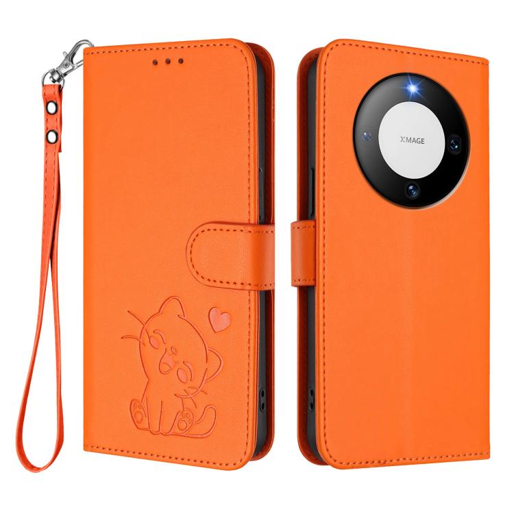 For Huawei Mate 60 Pro / Mate 60 Pro+ Embossed Heart Cat Leather Phone Case with Hand Strap
