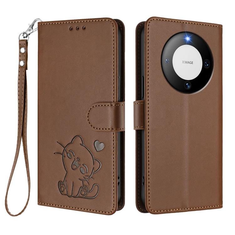 For Huawei Mate 60 Pro / Mate 60 Pro+ Embossed Heart Cat Leather Phone Case with Hand Strap