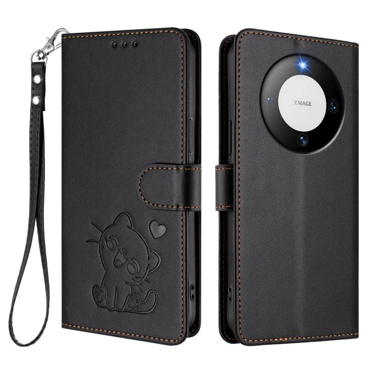 For Huawei Mate 60 Pro / Mate 60 Pro+ Embossed Heart Cat Leather Phone Case with Hand Strap