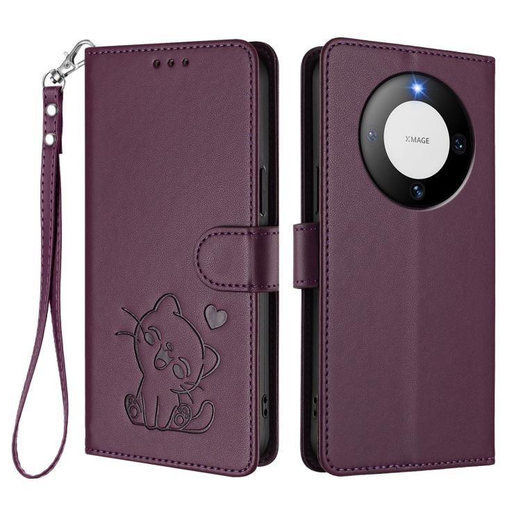For Huawei Mate 60 Embossed Heart Cat Leather Phone Case with Hand Strap