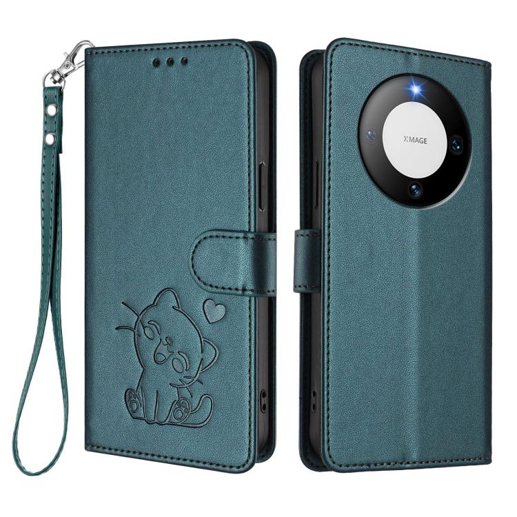 For Huawei Mate 60 Embossed Heart Cat Leather Phone Case with Hand Strap