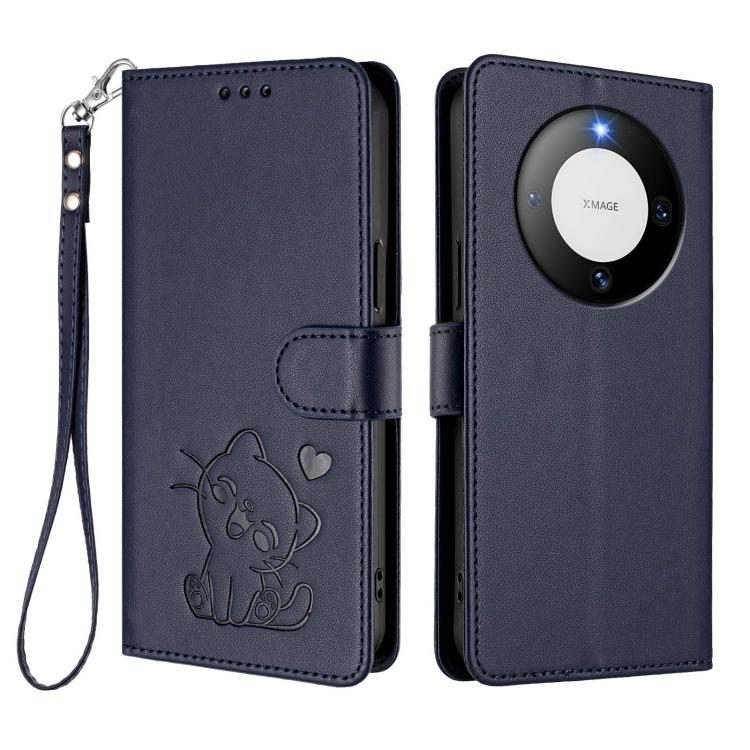 For Huawei Mate 60 Embossed Heart Cat Leather Phone Case with Hand Strap