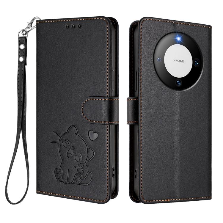 For Huawei Mate 60 Embossed Heart Cat Leather Phone Case with Hand Strap
