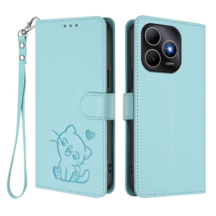For Huawei Enjoy 80s Embossed Heart Cat Leather Phone Case with Hand Strap