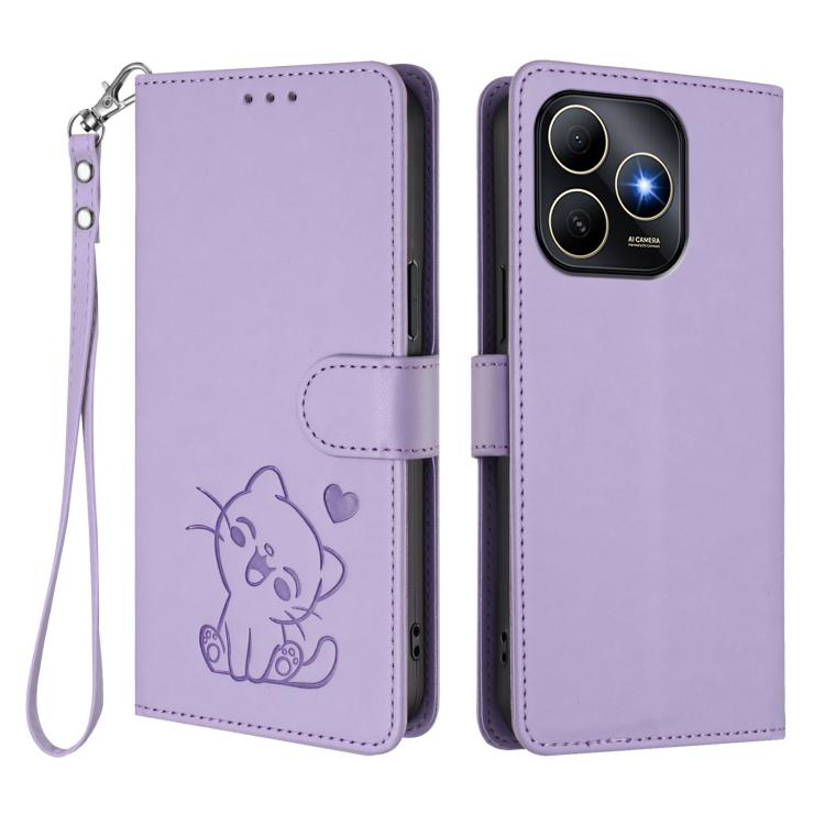 For Huawei Enjoy 80s Embossed Heart Cat Leather Phone Case with Hand Strap
