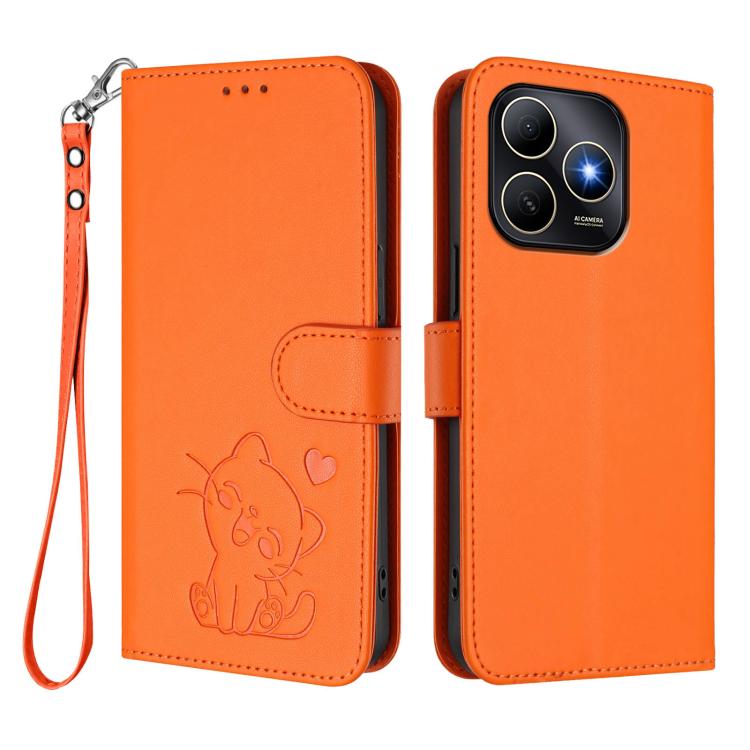 For Huawei Enjoy 80s Embossed Heart Cat Leather Phone Case with Hand Strap