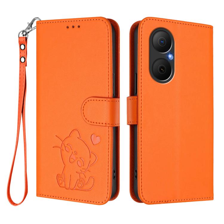 For Huawei Enjoy 80 / Nova Y73 Embossed Heart Cat Leather Phone Case with Hand Strap