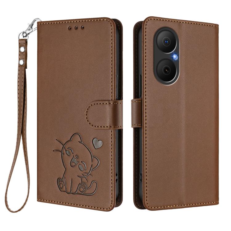 For Huawei Enjoy 80 / Nova Y73 Embossed Heart Cat Leather Phone Case with Hand Strap