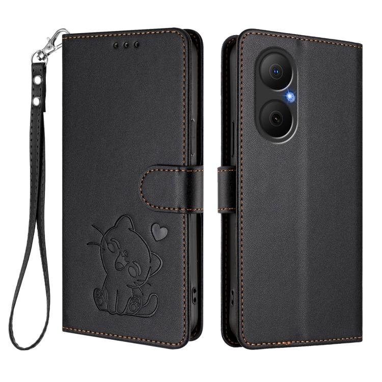 For Huawei Enjoy 80 / Nova Y73 Embossed Heart Cat Leather Phone Case with Hand Strap