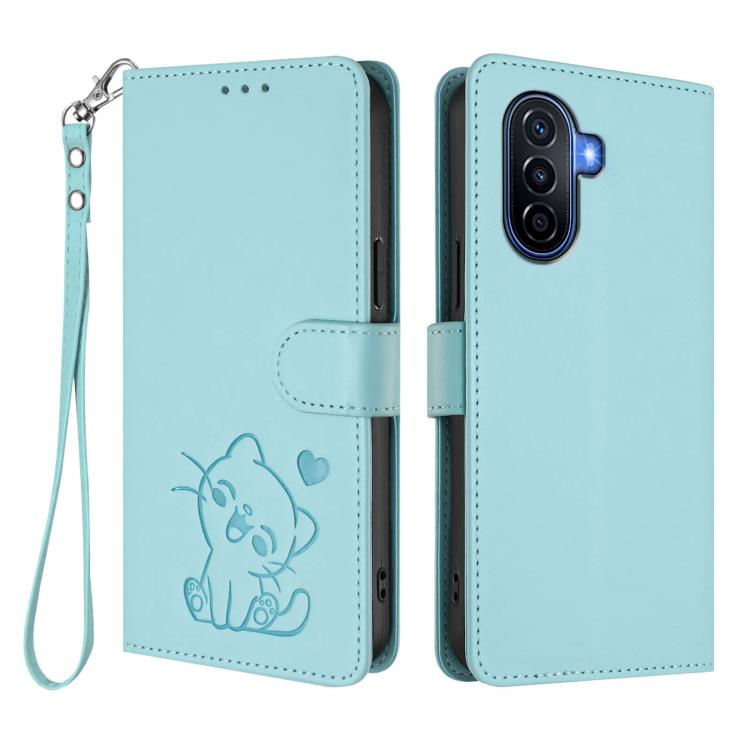 For Huawei Enjoy 50 / Enjoy 60 / nova Y70 Embossed Heart Cat Leather Phone Case with Hand Strap