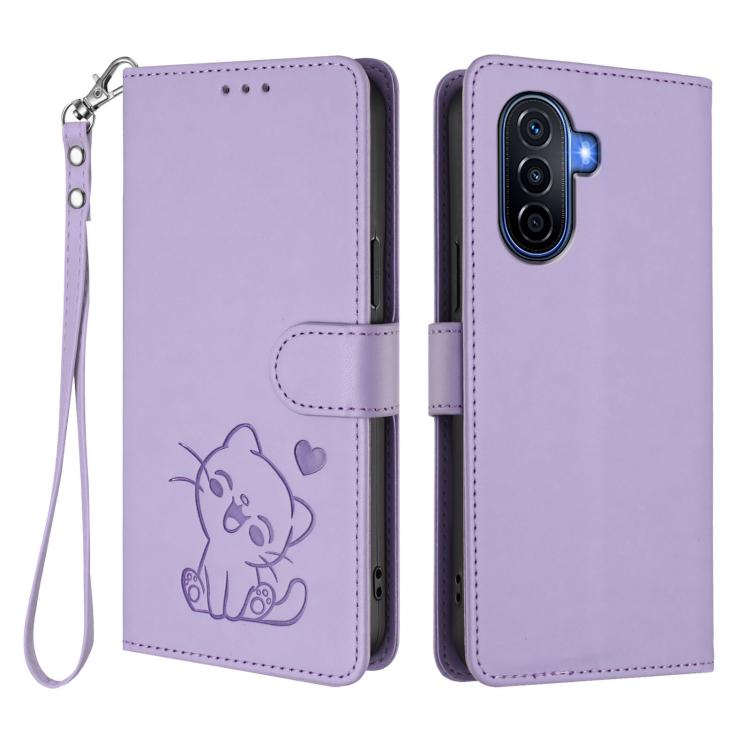 For Huawei Enjoy 50 / Enjoy 60 / nova Y70 Embossed Heart Cat Leather Phone Case with Hand Strap