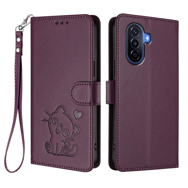 For Huawei Enjoy 50 / Enjoy 60 / nova Y70 Embossed Heart Cat Leather Phone Case with Hand Strap