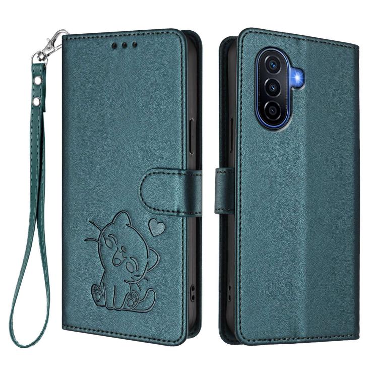 For Huawei Enjoy 50 / Enjoy 60 / nova Y70 Embossed Heart Cat Leather Phone Case with Hand Strap