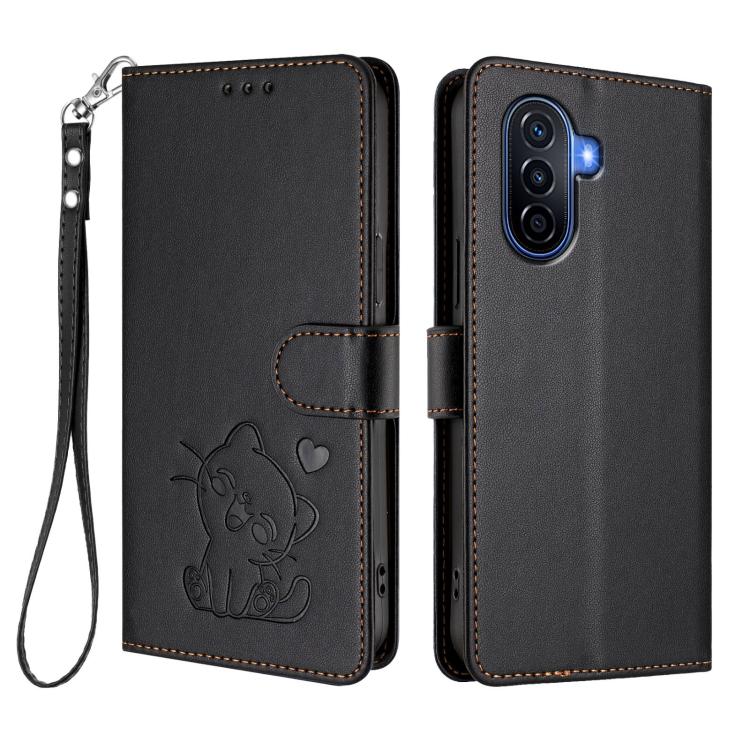 For Huawei Enjoy 50 / Enjoy 60 / nova Y70 Embossed Heart Cat Leather Phone Case with Hand Strap