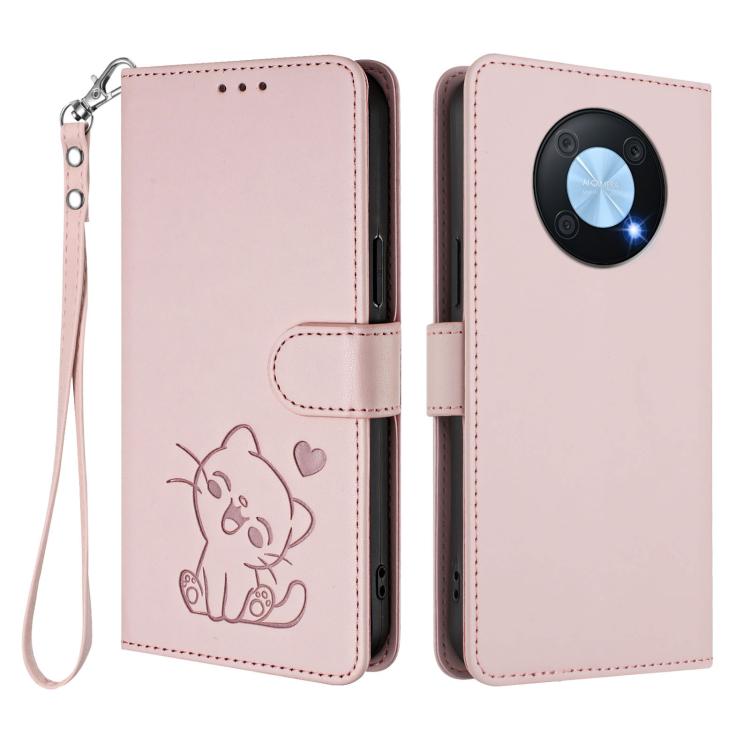 For Huawei Enjoy 50 Pro / nova Y90 Embossed Heart Cat Leather Phone Case with Hand Strap