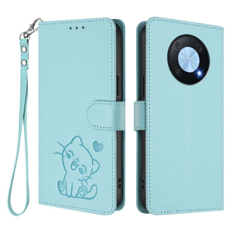 For Huawei Enjoy 50 Pro / nova Y90 Embossed Heart Cat Leather Phone Case with Hand Strap