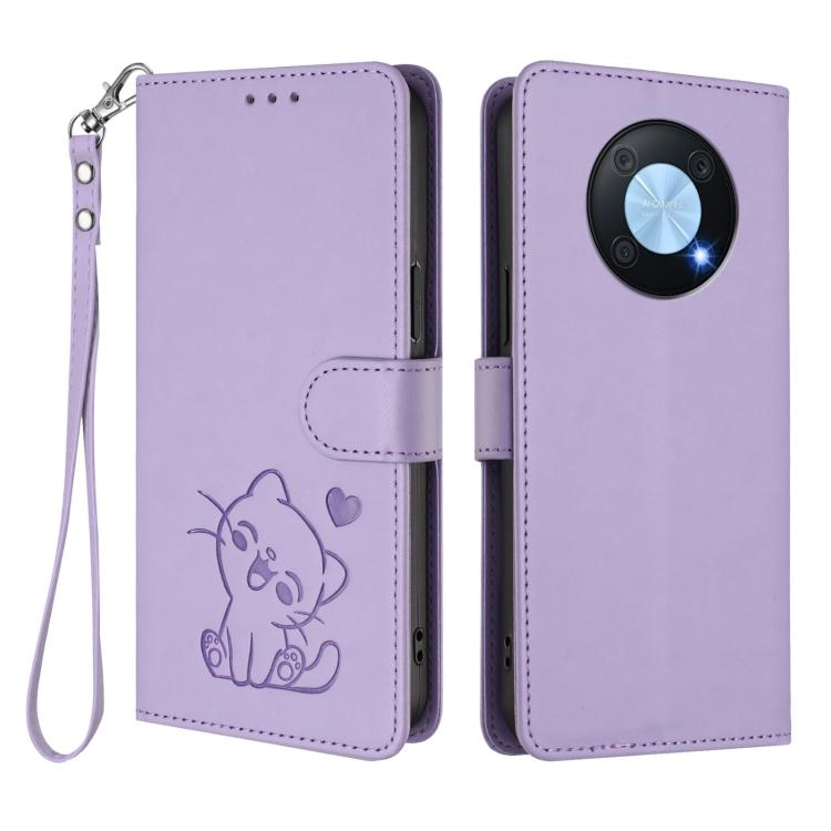 For Huawei Enjoy 50 Pro / nova Y90 Embossed Heart Cat Leather Phone Case with Hand Strap