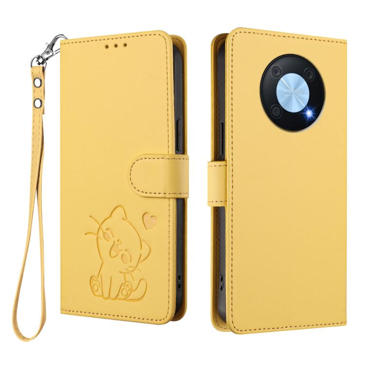 For Huawei Enjoy 50 Pro / nova Y90 Embossed Heart Cat Leather Phone Case with Hand Strap