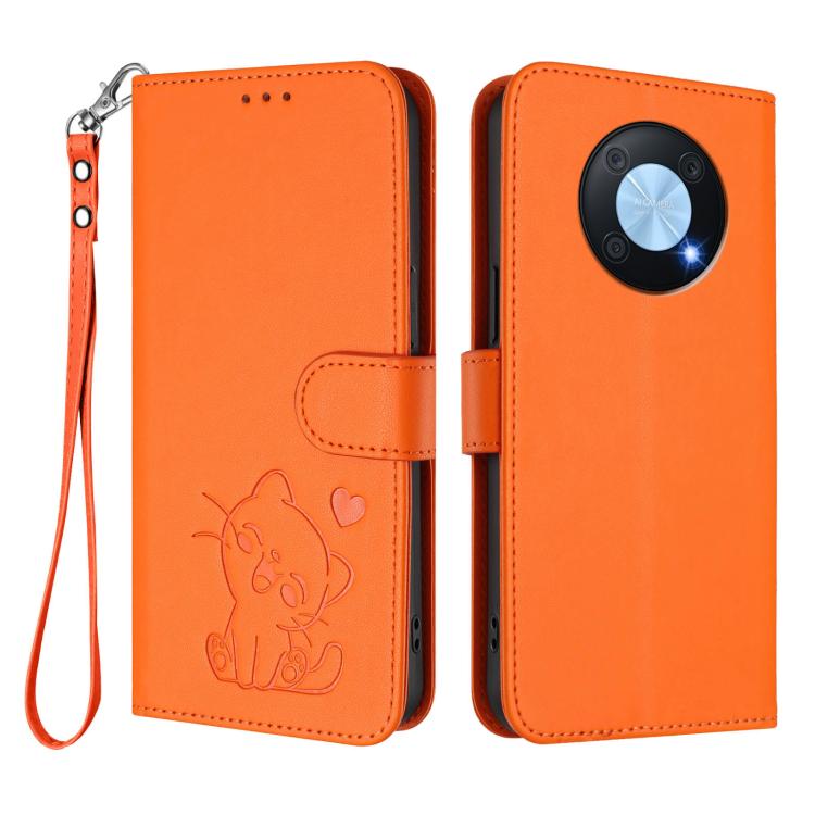 For Huawei Enjoy 50 Pro / nova Y90 Embossed Heart Cat Leather Phone Case with Hand Strap